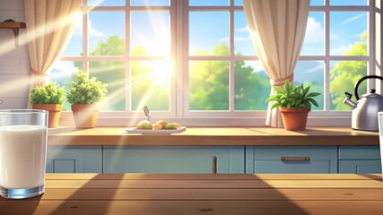 A glass of milk on a kitchen counter with sunlight pouring in. - Powered by Adobe