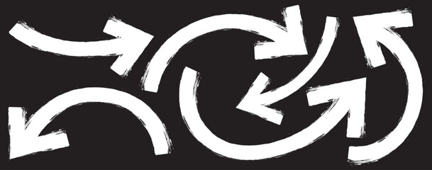 Hand drawn grunge arrows vector. Grunge arrow brush. bold brush arrows set.  hand drawn White  arrows collection, doodle thick arrows different directions. Rough vector arrow shapes. Arrow icon set. 