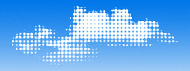 Halftone cloud on blue sky. Retro dotted texture. Vintage pop art style