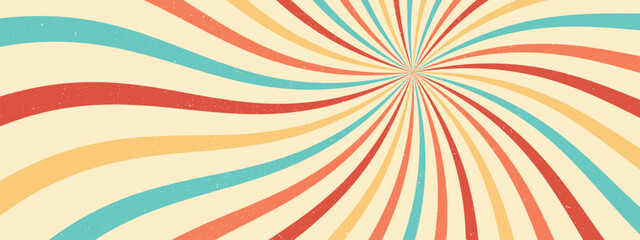 Retro swirl sunburst background, groovy spiral rays. Vintage abstract pattern with grunge texture. Funky wave art.