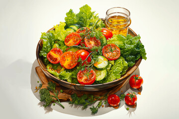 healthy salad with tomatoes, cucumbers, corn, lettuce, vegetables, and olive oil vector illustration for fresh food and diet meal concept