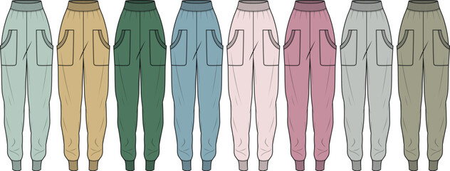 A comprehensive vector collection of unisex jogger pants technical flat sketches in a range of solid colors, ideal for fashion design templates and casual wear apparel concepts