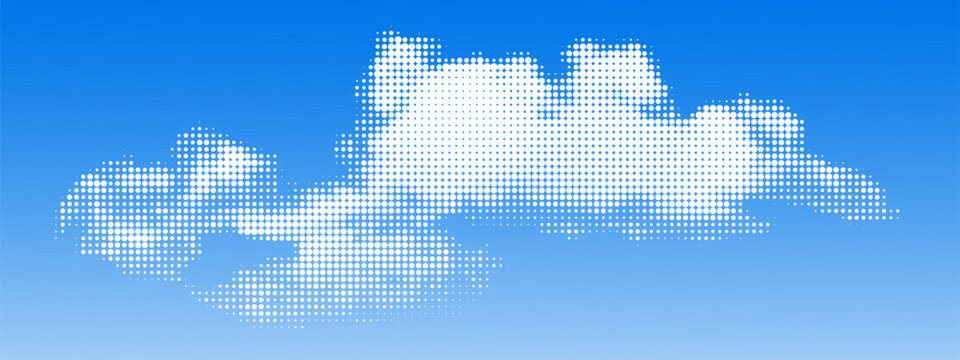 Halftone cloud on blue sky. Retro dotted texture. Vintage pop art style