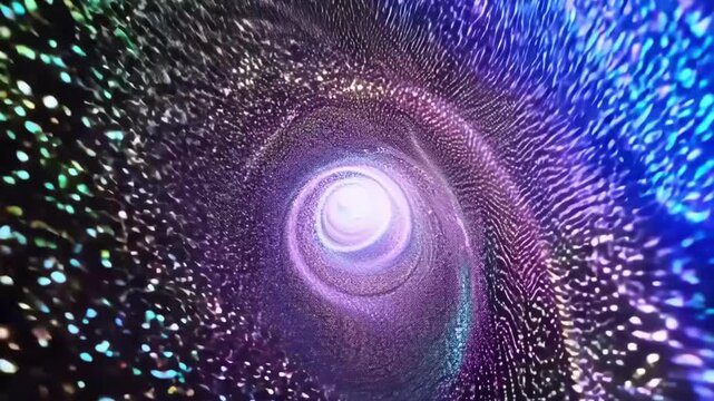 Explore a vibrant cosmic tunnel filled with colorful lights and swirling patterns that create an immersive experience