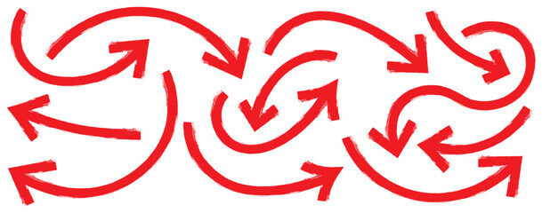 Set of Hand drawn vector arrows doodle on white background. Hand-drawn brush stroke arrows. Vector grunge brush style arrow pointers. red paint brush hand drawn arrow in grunge style. Long curve arrow