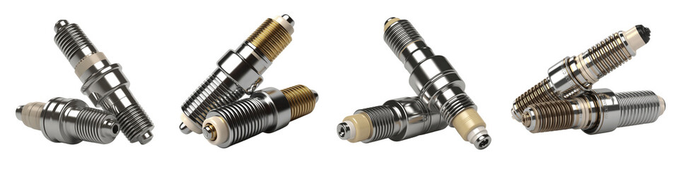 Four detailed metallic abstract sculptures isolated on transparent background