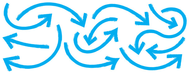 Various bold brush drawn curved arrows. Collection of blue doodle marker thick arrows. Blue Hand drawn brush stoke arrow set. Hand drawn bold arrows set. Big set of chalk pencil, brush stroke arrows