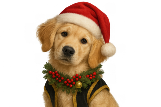 Golden retriever puppy wearing santa hat and festive wreath, celebrating christmas, transparent background