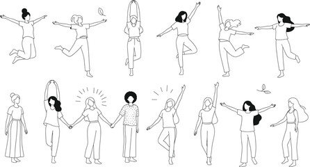 Empowered women illustration—fourteen expressive female figures in joyful poses with motion accents, minimalist black-and-white line art vector