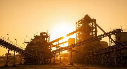 Silhouette of a large mining and ore processing plant with conveyor belts and industrial structures against a warm, golden sunset.