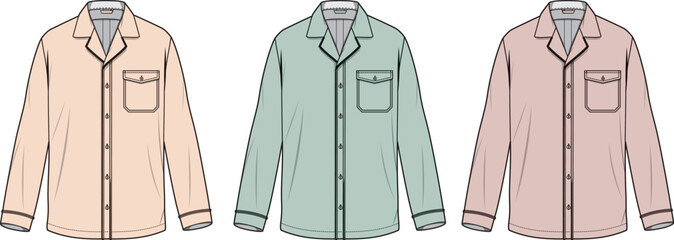 Long-sleeve pajama tops vector flat sketch. Classic sleepwear shirts with notched collar, button front, and chest pocket, in soft pastel colors for comfort and relaxation