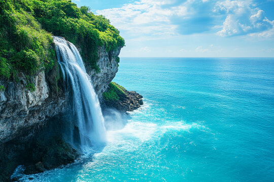 Hidden Cliffside Waterfall Cascading into Sea A breathtaking waterfall tumbles from a high coastal cliff, merging with endless ocean - Powered by Adobe
