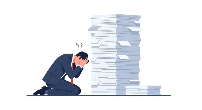 ビジネスマンの仕事の悩み、膨大な資料に頭を抱える男性のフラットデザインイラスト