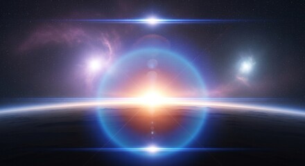 Obraz premium Sunrise over alien planet horizon with space nebula and lens flare
