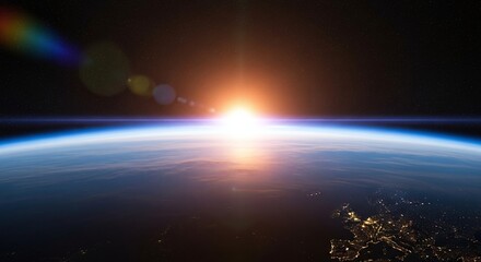 Earth orbit sunrise, space view, bright sun, planet atmosphere