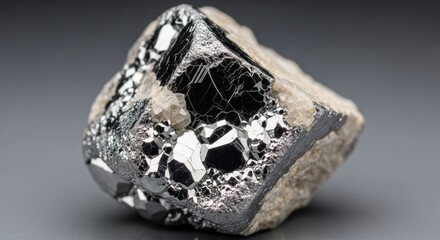 A macro photograph of a galena or hematite mineral specimen, showing its dark, reflective metallic crystals embedded in a lighter rock matrix on a grey background.