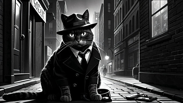 Katze als Detektiv im Trenchcoat und Fedora-Hut in einer dunklen Gasse