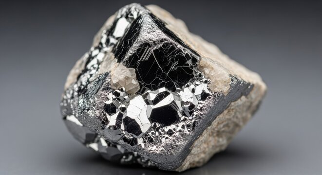A macro photograph of a galena or hematite mineral specimen, showing its dark, reflective metallic crystals embedded in a lighter rock matrix on a grey background.
