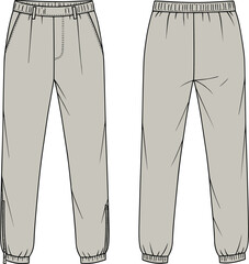 Jogger pants front and back view, cad fashion flat, technical vector drawing, elastic waist pants, clothing design sketch template
