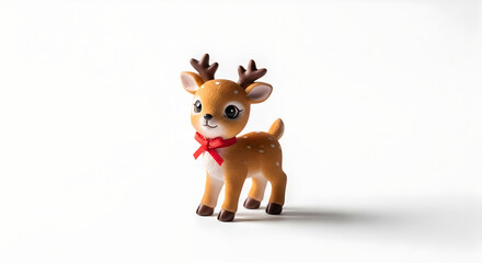 Cute Small Cartoon Reindeer Figurine with Red Bow on White Background