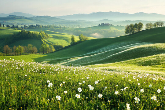 dreamy springtime scene, where rolling green fields are adorned with blossoming flowers