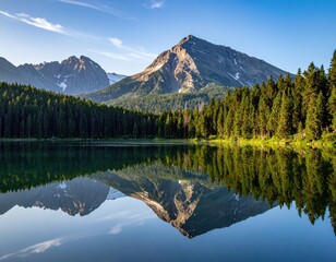 Scenic mountain range and forest reflected in tranquil, still lake