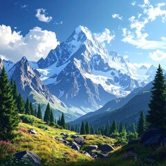 Obraz premium Scenic mountain range, green valley, and blue skies under fluffy clouds