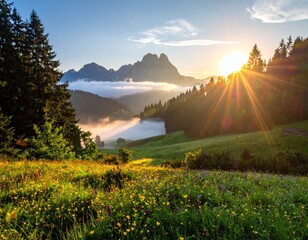 Scenic mountain vista with rising sun casting golden rays