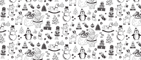 Christmas decorative pattern with funny Santa Claus, pinguin, deer, Snowman, gift, and many others.