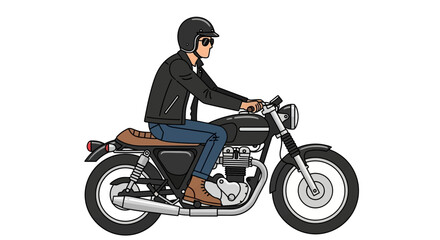 Illustration of a motorcyclist with helmet and jacket, riding on a motorbike, isolated on a white
