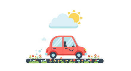 Naklejka premium Cheerful journey: A cute cartoon car amidst flowers under the sunny cloud scenery
