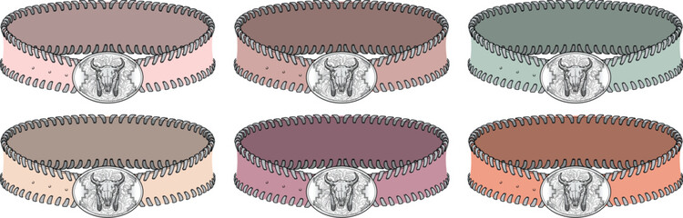 A diverse collection of illustrated fashion bracelets in six unique color variations, each featuring an elegant metal clasp and intricate stitching, perfect for style and accessory design concepts