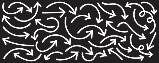 Hand drawn grunge arrows vector. Grunge arrow brush. bold brush arrows set.  hand drawn White  arrows collection, doodle thick arrows different directions. Rough vector arrow shapes. Arrow icon set. 