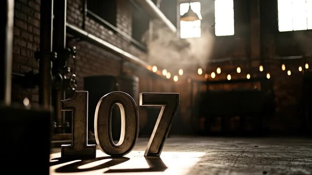 Mysterious Numbered Space: A weathered setting showcases the number 107 standing boldly in a low-lit industrial room. This intriguing composition whispers tales of secrets and hidden dimensions. 