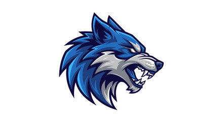 Dynamic blue wolf head logo, fierce and aggressive, perfect for esports teams, gaming brands, and sports mascots seeking powerful branding.