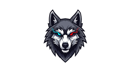 Fierce wolf mascot head with glowing red and blue eyes, exuding power and intensity for gaming or brand identity.