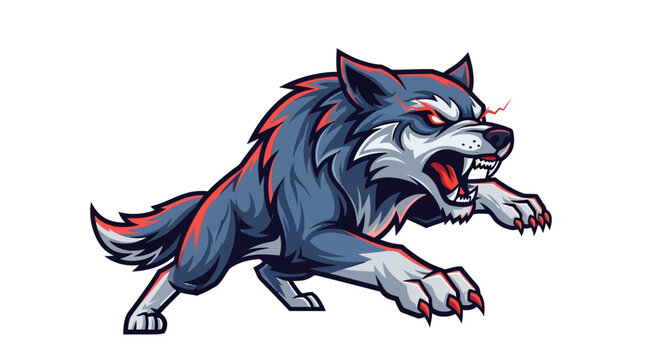 Fierce wolf mascot lunging forward with sharp teeth bared and glowing red eyes, embodying power and aggression for modern branding and gaming.
