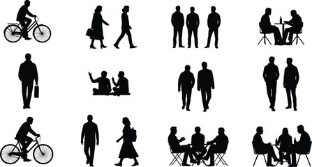 Black silhouette illustration of twelve people—walking, sitting, cycling, conversing—urban lifestyle, posture study, social behavior, everyday activity sketch