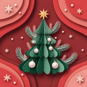 Modern 3D paper art Christmas tree on red background