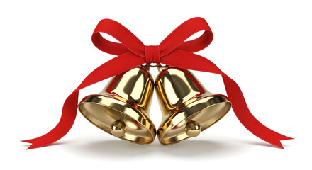 Golden Christmas Jingle Bells Cluster Tied with Red Ribbon on White