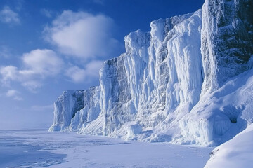 Ice-covered cliffs rising high above frozen polar sea