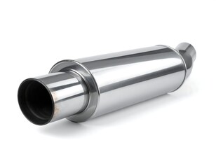 Polished, cylindrical automotive muffler with shiny metal finish