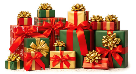 Large Pile of Red and Gold Christmas and New Year Gifts on White Background
