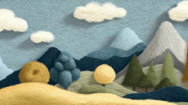 Colorful embroidered landscape with yarn trees