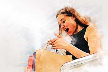 Abstract colorful happiness young woman shopping in city on watercolor illustration painting background.