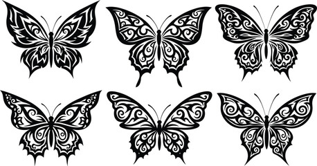 Butterfly silhouette set, tribal wing patterns and decorative styles, black vector illustration, flying insect icons, nature theme, bold graphic design