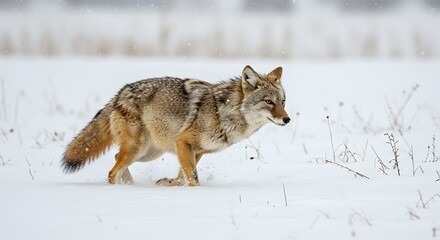 Fototapeta premium A wild coyote, mid-stride, stalks prey across a snowy, frosted landscape with a blurred background