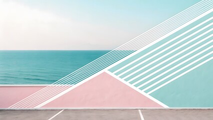 Dreamy seascape with pastel geometric wall art creates a calming, modern vibe perfect for design projects and serene backgrounds, offering visual intrigue