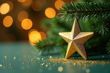 Elegant golden star ornament on festive Christmas tree branch