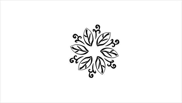 Animated mandala flower with leaves and ornamental elements rotating on white
